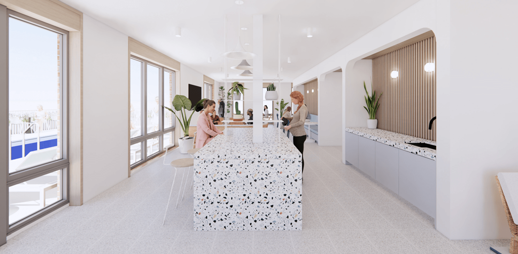 a rendering of two women standing at a long table in a white room with large windows