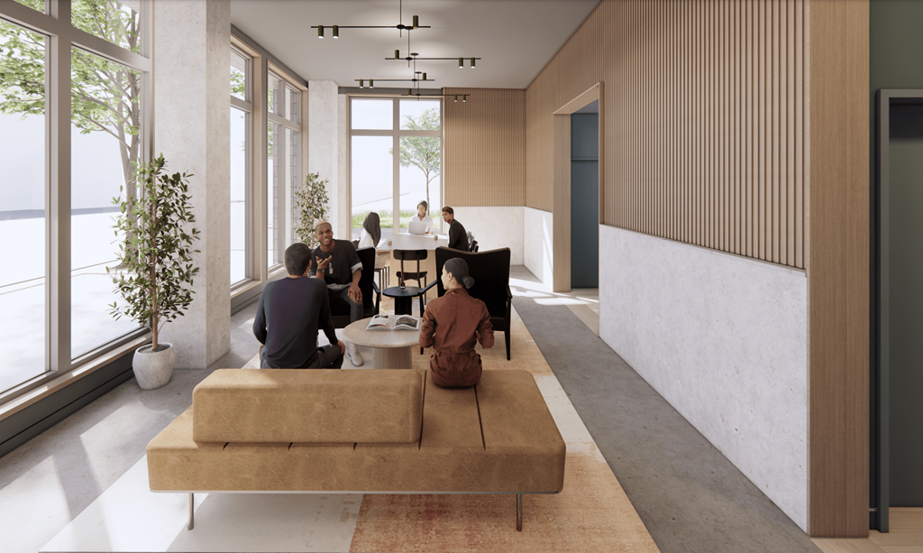 a rendering of a lobby with people sitting on couches and standing at tables