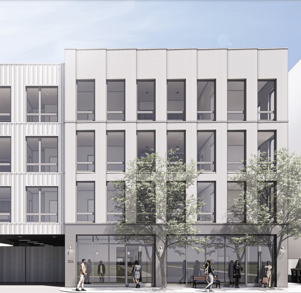 an illustration of a building with many windows and people walking in front of it