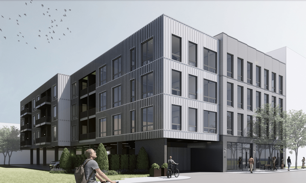 a rendering of a building with a lot of windows and people walking in front of it