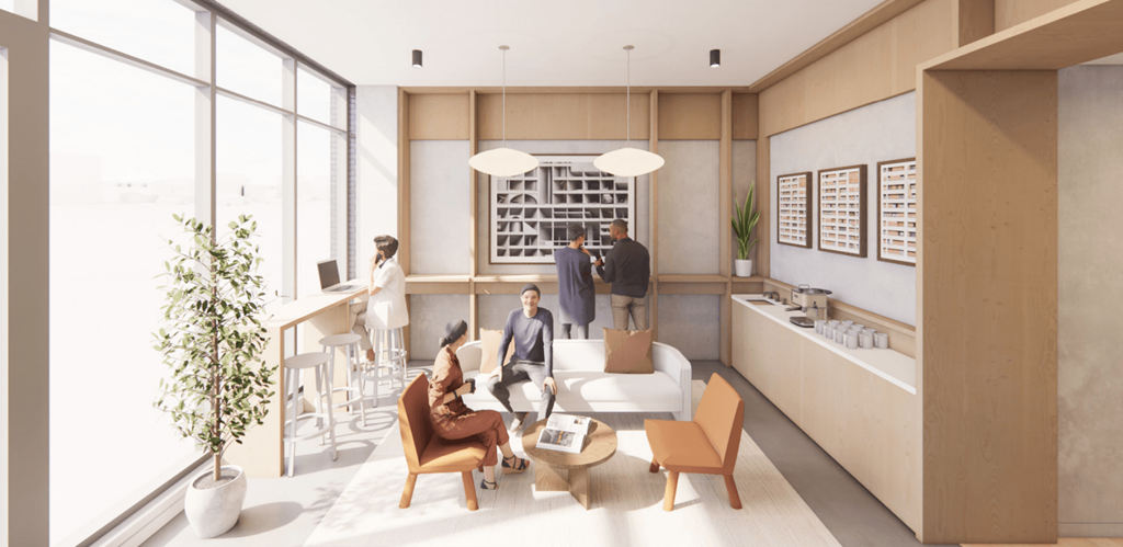 a rendering of a living room with people in the background