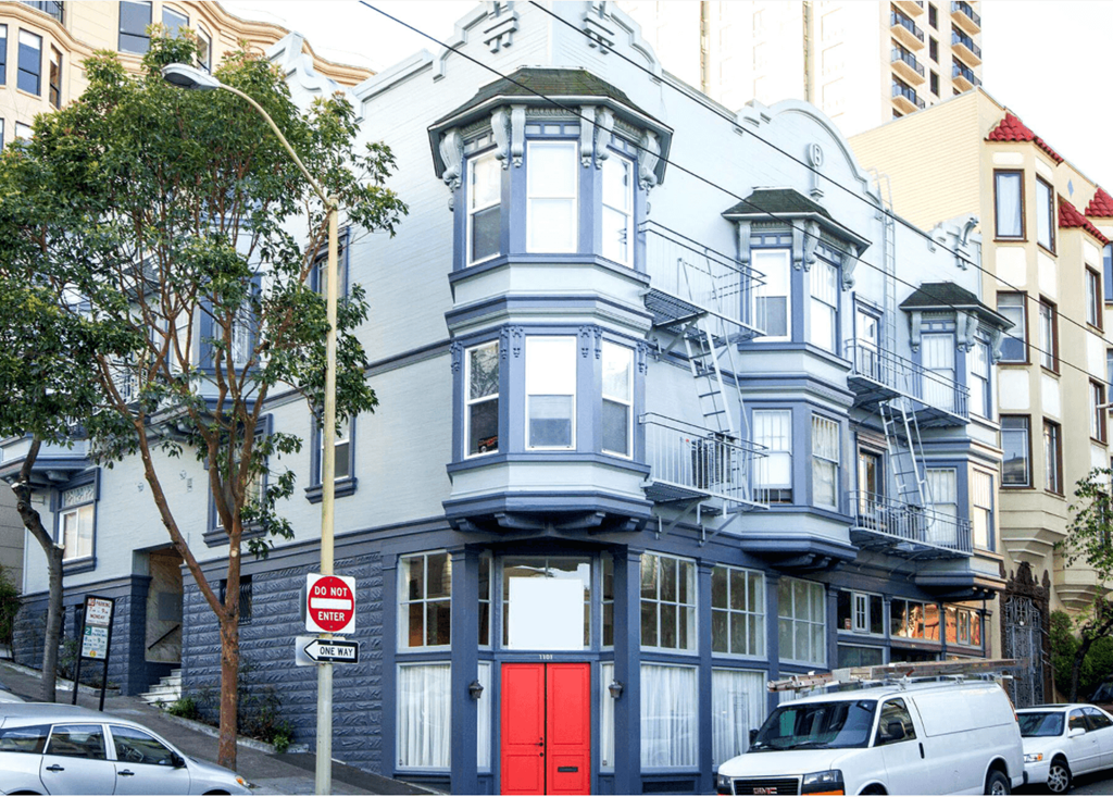 Exterior view of the apartment building.