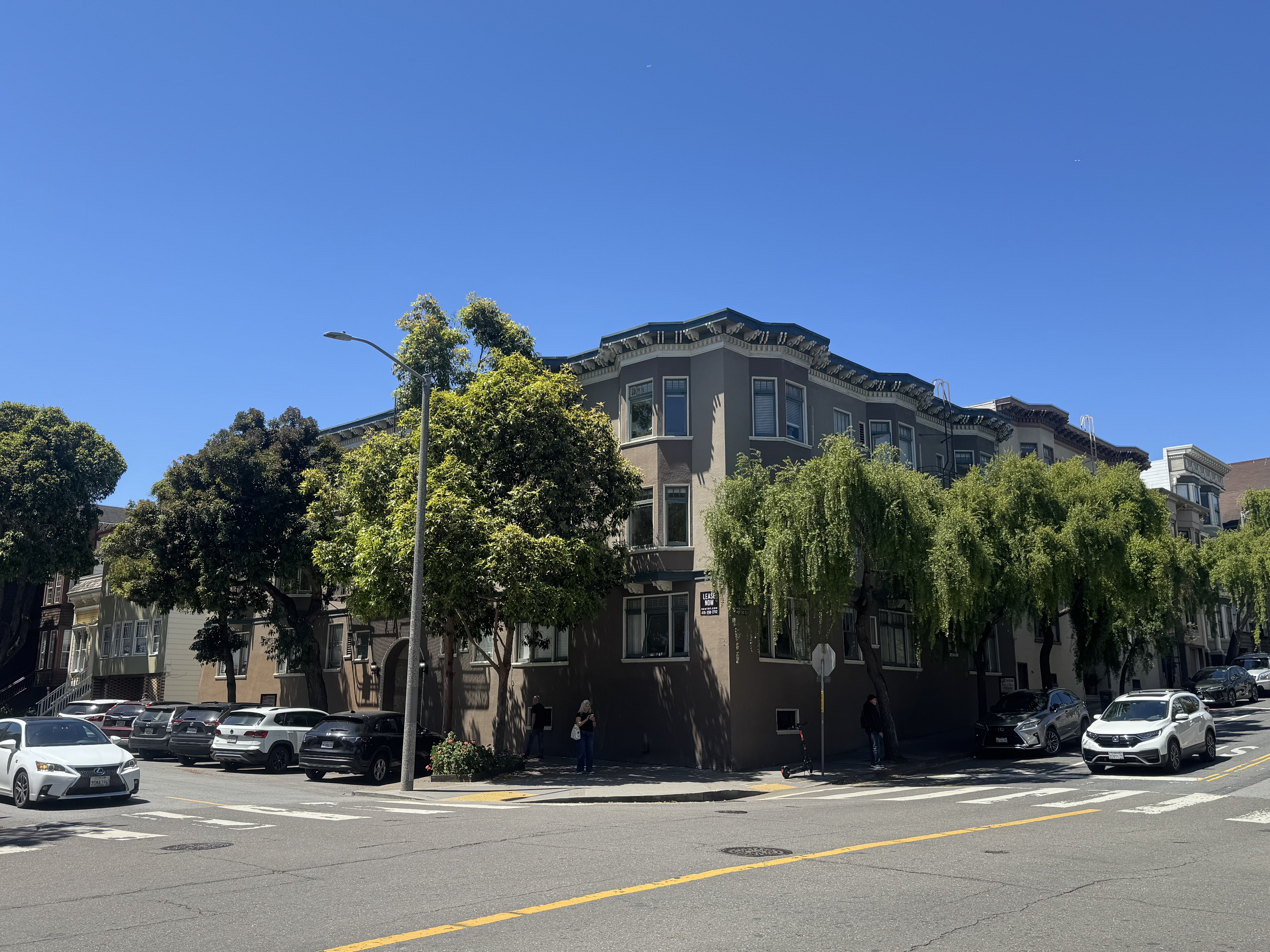 A street view with cars parked on the side and a building with a tree in front of it.