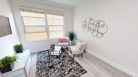 A living room with a sofa, a chair, a table, and a rug.