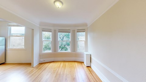 A room with a window overlooking a tree.