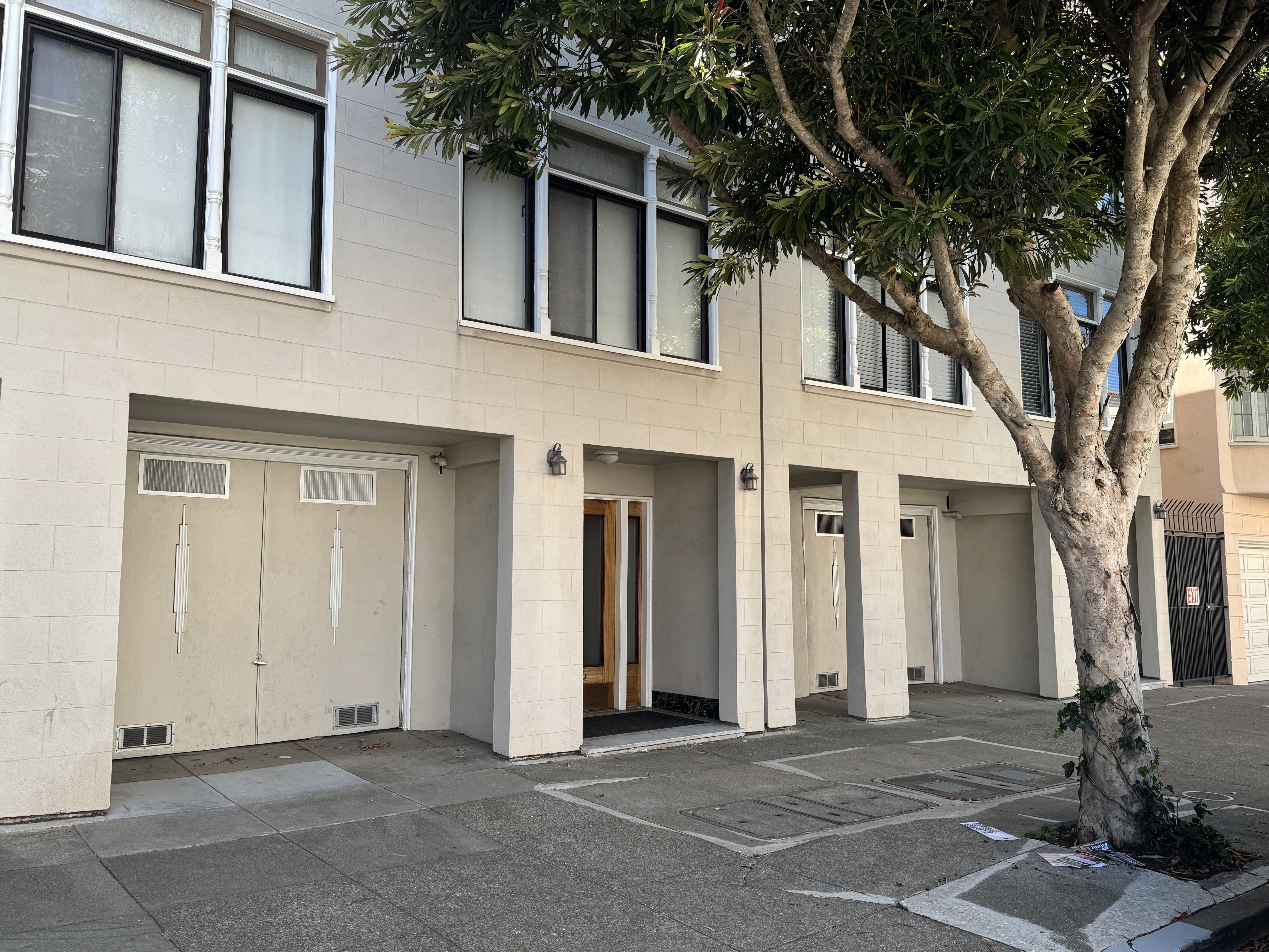 A tree is in front of a building with a white door.