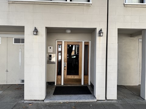 A white building with a black mat in front of a wooden door.