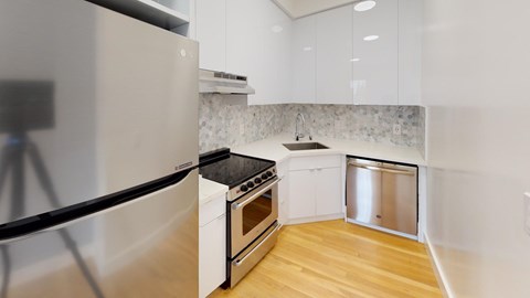 A modern kitchen with a stainless steel dishwasher and oven.