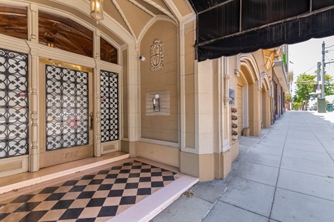 A building with a black and white checkered floor.