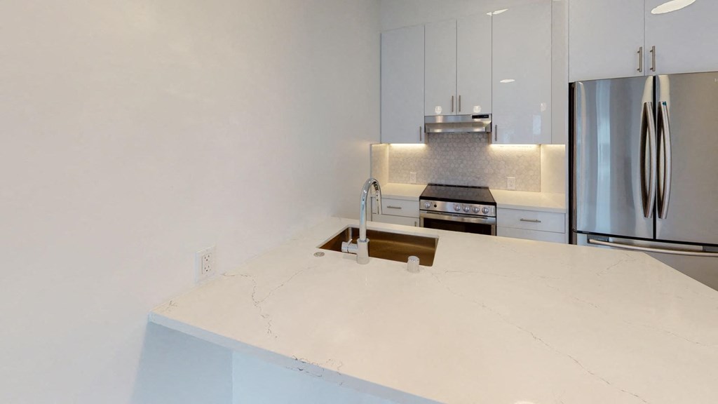 Kitchen with multiple cabinets, refrigerator, stove, range hood, and sink Kitchen with multiple cabinets, refrigerator, stove, range hood, and sink