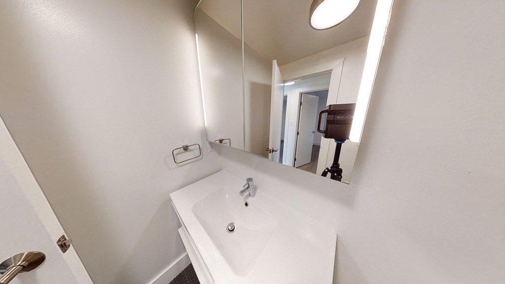 a bathroom with a sink and a large mirror