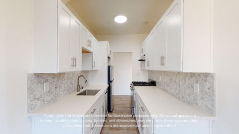 a kitchen with white cabinets and white counter tops and a sink