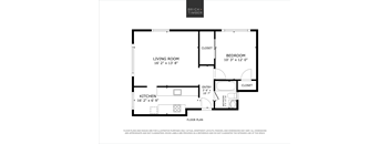 A black and white floor plan of a one-bedroom apartment with a living room, kitchen, and bedroom.