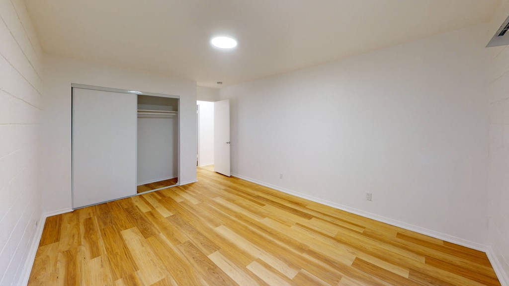 a living room with white walls and wood floors and a closet