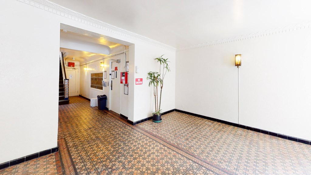 a hallway with white walls and a potted plant     and doors