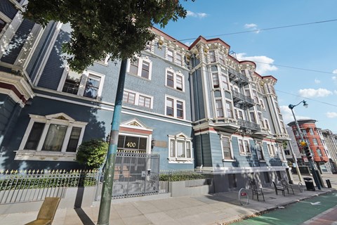 A street view of a building with the number 400 on it.