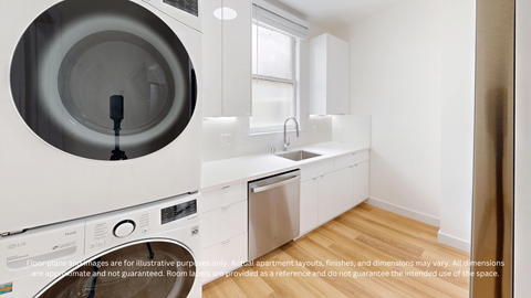 A modern laundry room with a washer and dryer.