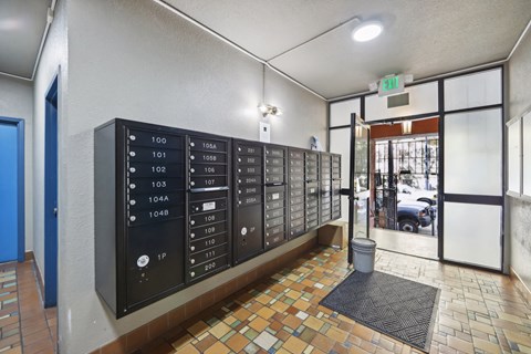 Apartment foyer with stylish decor and mailboxes