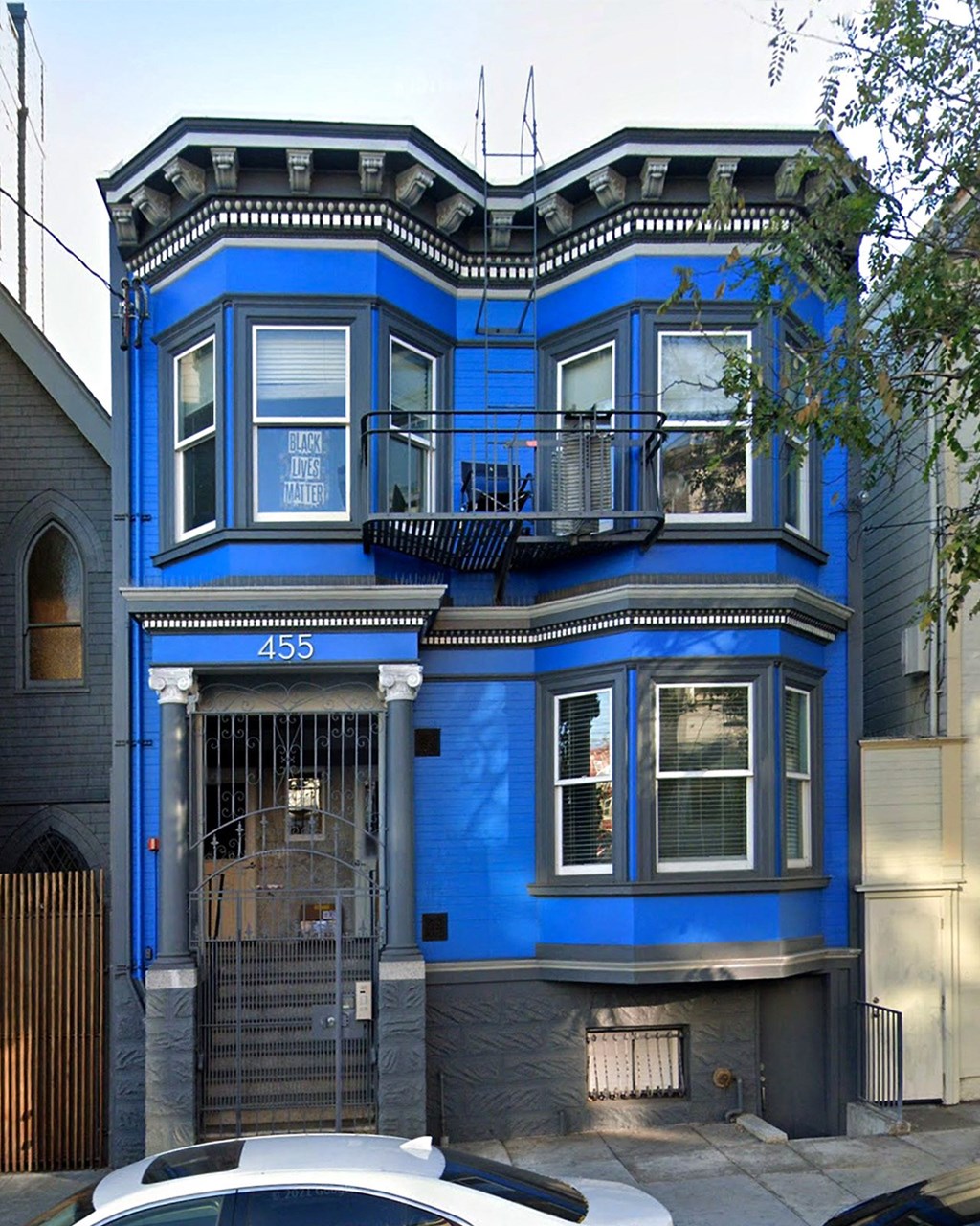 Exterior view of the apartment building.