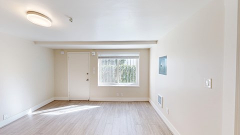 A spacious room with a door and a window.