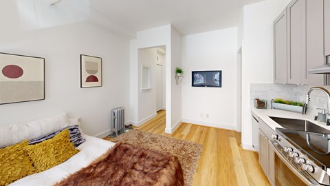 A modern kitchen with a stainless steel sink and a brown area rug.