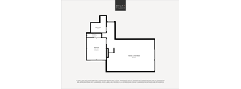 A floor plan for a home with a kitchen, living room, and two bathrooms.