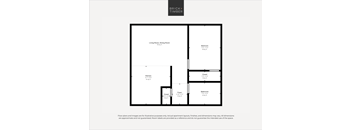 A black and white image of a floor plan for a living room, dining room, kitchen, and bathroom.