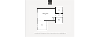 A black and white image of a floor plan for a living room, dining room, and kitchen.