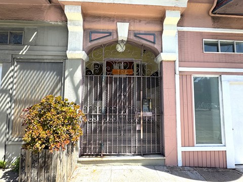 A house with a gate and a bush in front.