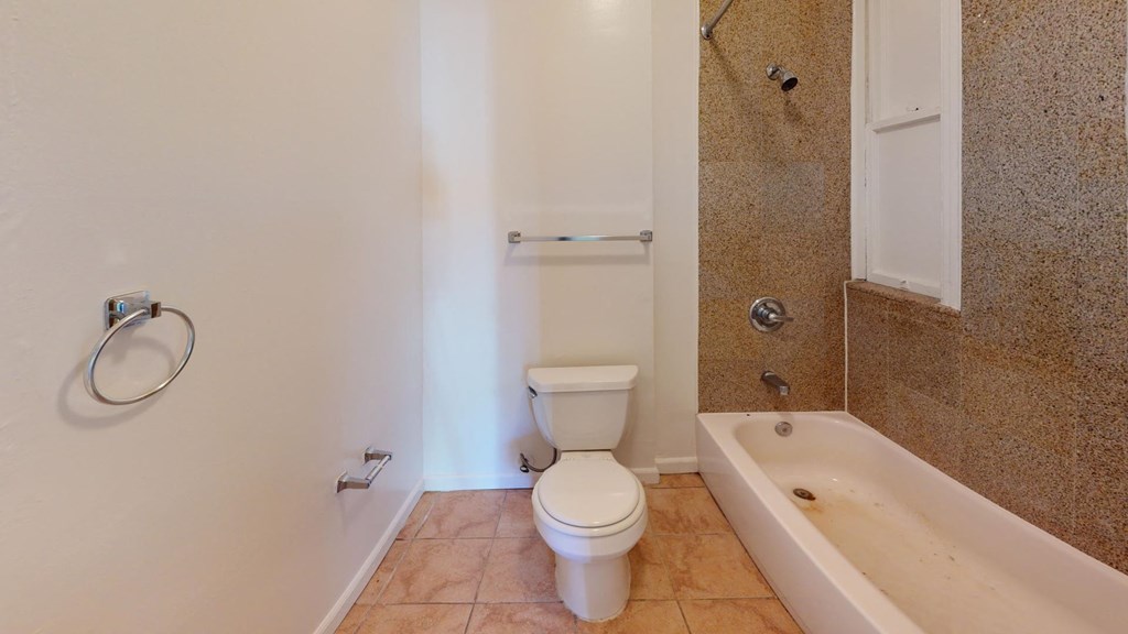 a bathroom with a toilet and a bath tub
