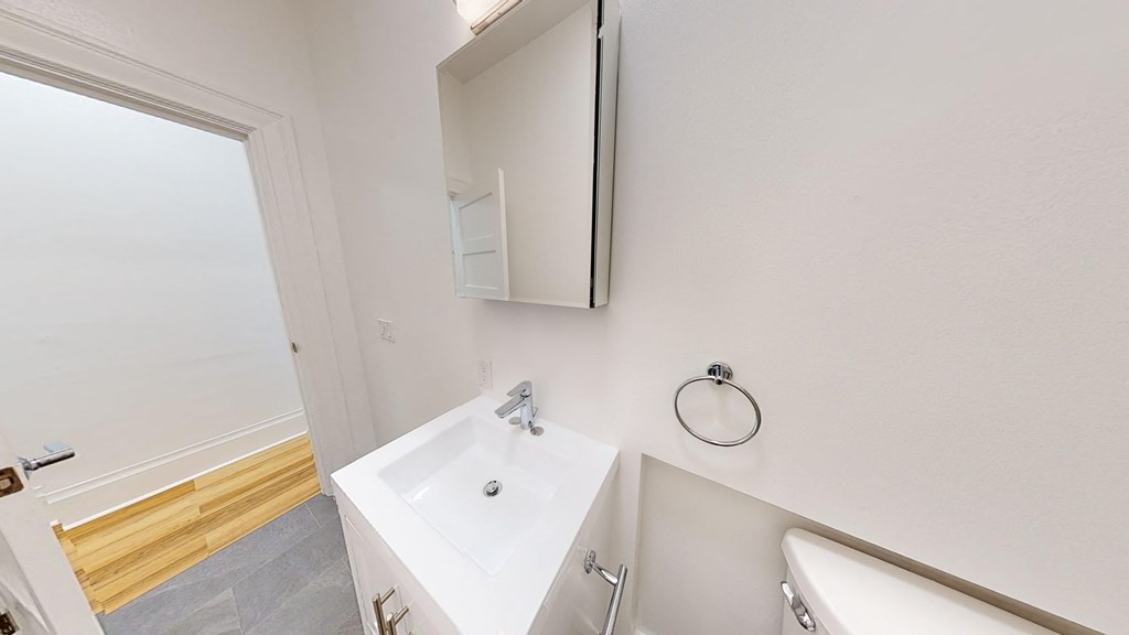 a bathroom with a sink and a mirror