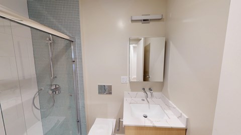A bathroom with a sink, mirror, and shower.