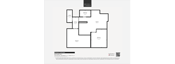 A black and white image of a floor plan for a property with a kitchen, living room, and two bedrooms.