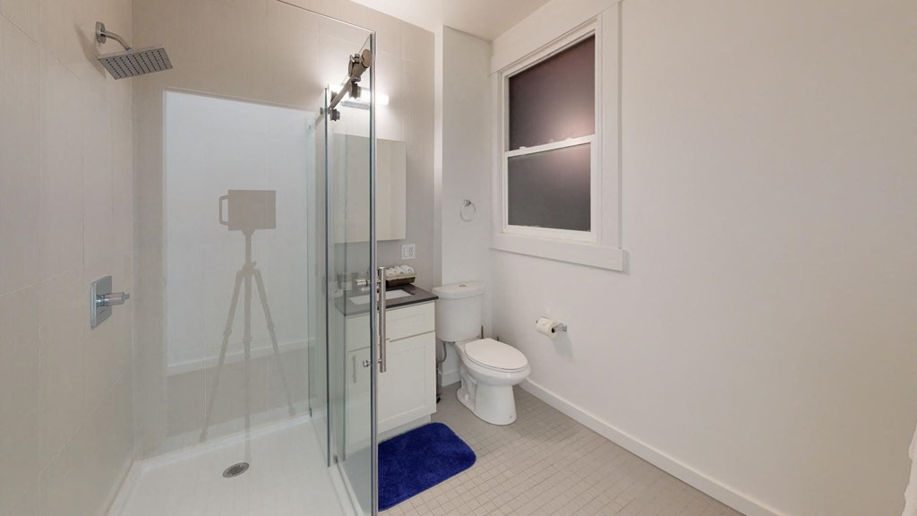 a white bathroom with a shower and a toilet
