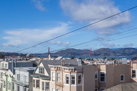 A cityscape with buildings and a bridge in the background.