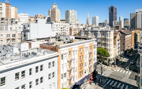 A cityscape with buildings of various heights and a clear sky.