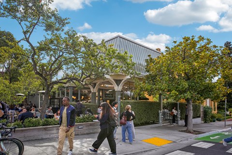 Lively street with group of people walking on the sidewalk in front of a building with a green awning