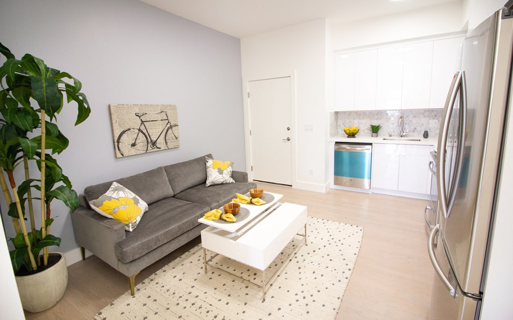 a living room with a couch and a coffee table