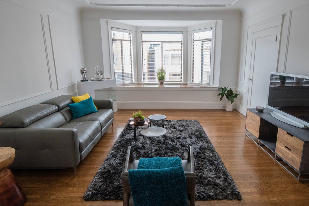 living room with a couch, coffee table,  grey rug and a tv