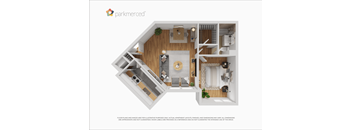 A 3D floor plan of a small apartment with a kitchen, living room, and bathroom.