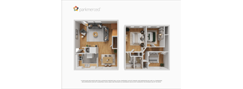 Two images of a room with a kitchen and a living room.