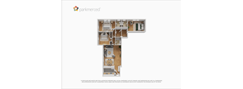 A Parkmerced apartment floor plan with a kitchen, living room, and bedrooms.