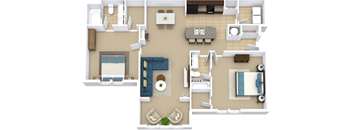 A top-down view of a house layout with a living room, dining area, kitchen, and bedrooms.