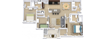 A floor plan of a house with a living room, dining room, kitchen, and bedrooms.