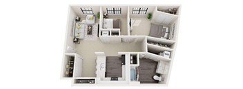 A top-down view of a small apartment with a kitchen, living room, and bathroom.