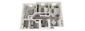 A floor plan of a small apartment with a kitchen, living room, and bathroom.