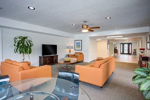 A living room with orange couches and a television.