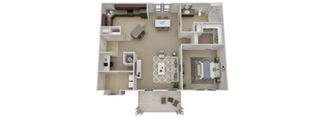 A top-down view of a house layout with a living room, kitchen, dining room, and bathroom.
