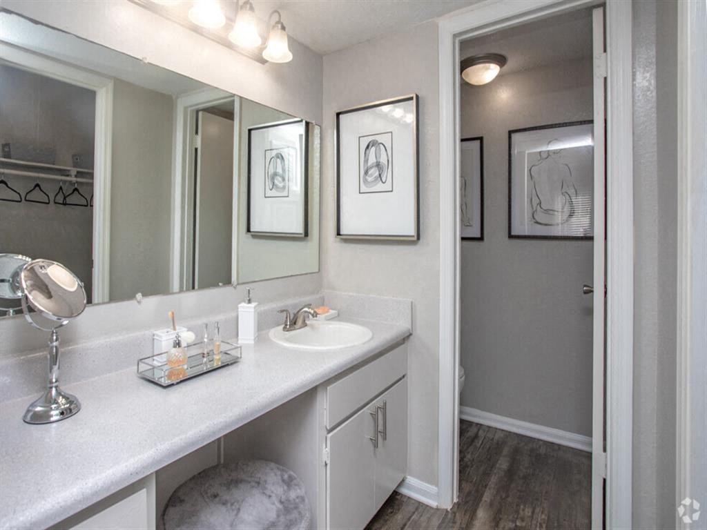 a bathroom with a sink and a mirror at Tucker Square, Georgia, 30083