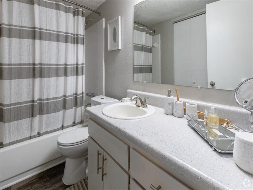 a bathroom with a sink and a toilet and a shower at Tucker Square, Stone Mountain, Georgia